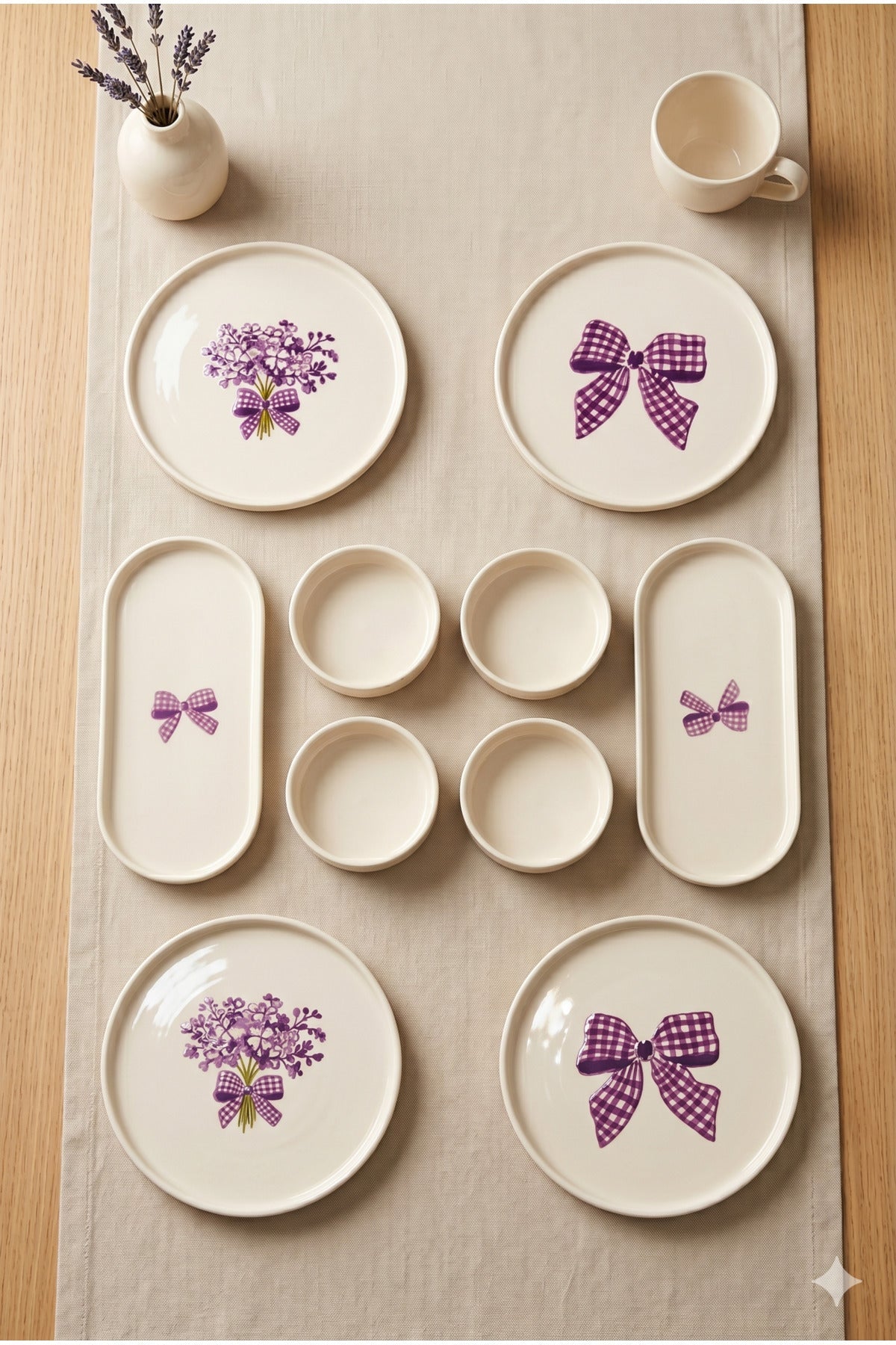 Lilac Bloom 10 Parça Handmade Kahvaltı Takımı 4 Kişilik Seramik Sunum & Servis Tabağı Kase Seti - Sofralya