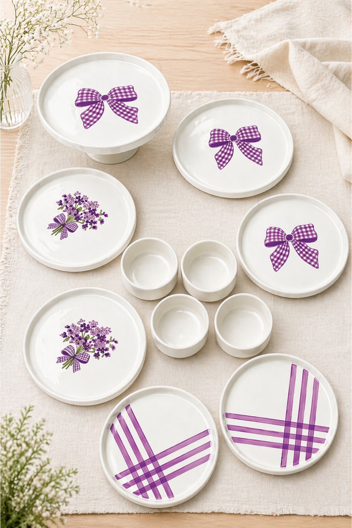 Lilac Bloom 11 Parça 6 Kişilik Handmade Seramik Kahvaltı Takımı & Sunum Seti Lila Desenli Pasta Tabağı Seti - Sofralya
