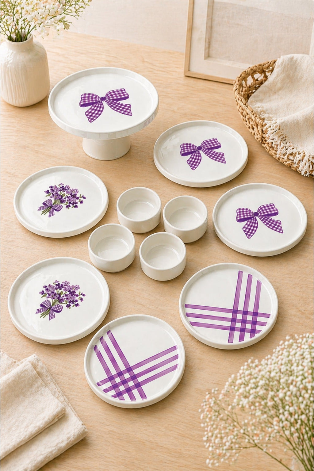 Lilac Bloom 11 Parça 6 Kişilik Handmade Seramik Kahvaltı Takımı & Sunum Seti Lila Desenli Pasta Tabağı Seti - Görsel 2