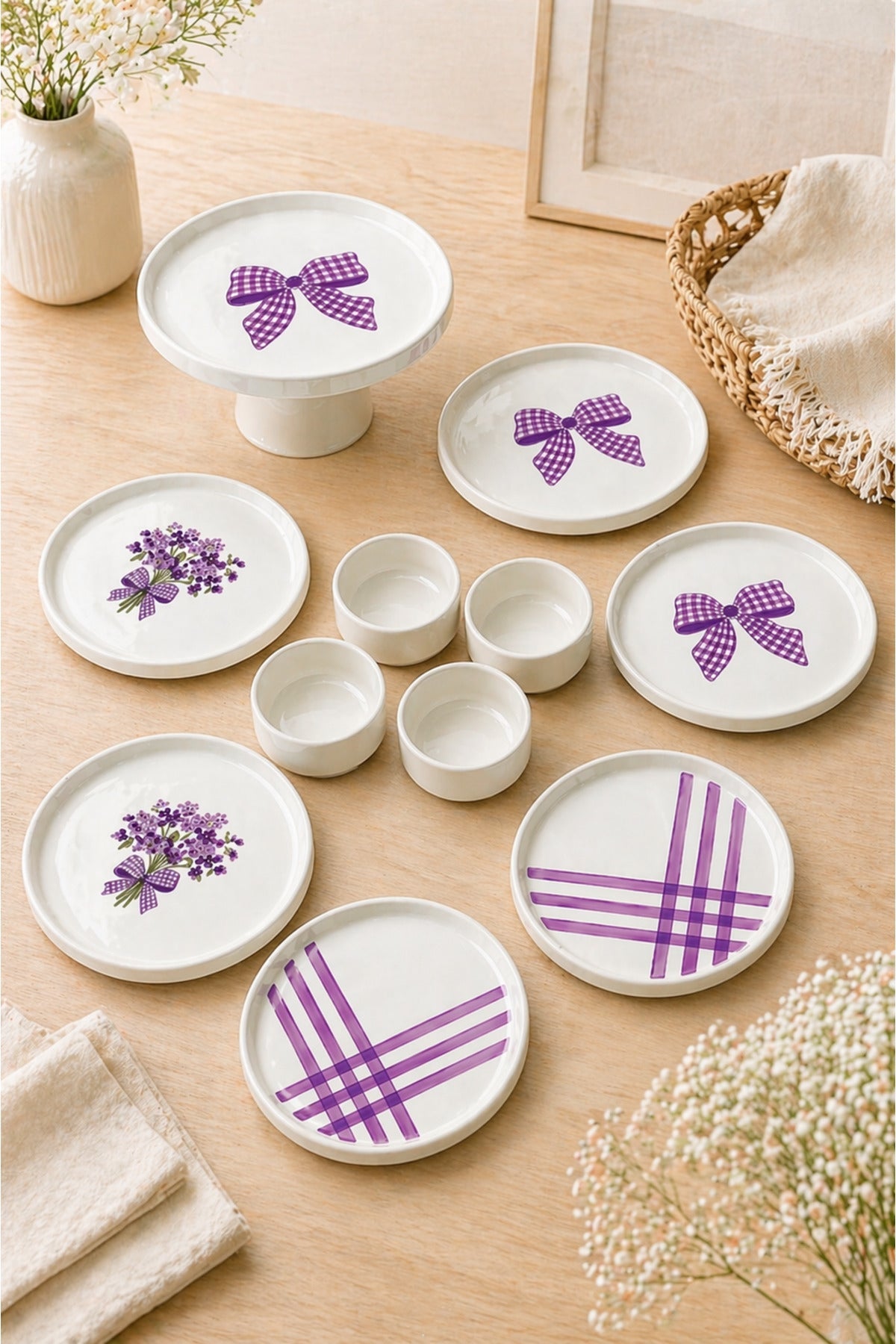 Lilac Bloom 11 Parça 6 Kişilik Handmade Seramik Kahvaltı Takımı & Sunum Seti Lila Desenli Pasta Tabağı Seti - Görsel 2
