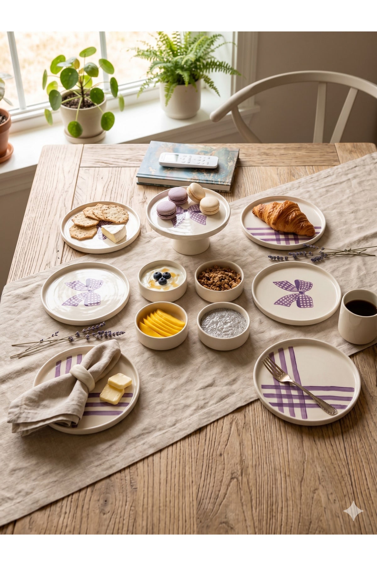 Lilac Bloom 11 Parça 6 Kişilik Handmade Seramik Kahvaltı Takımı & Sunum Seti Lila Desenli Pasta Tabağı Seti - Görsel 3