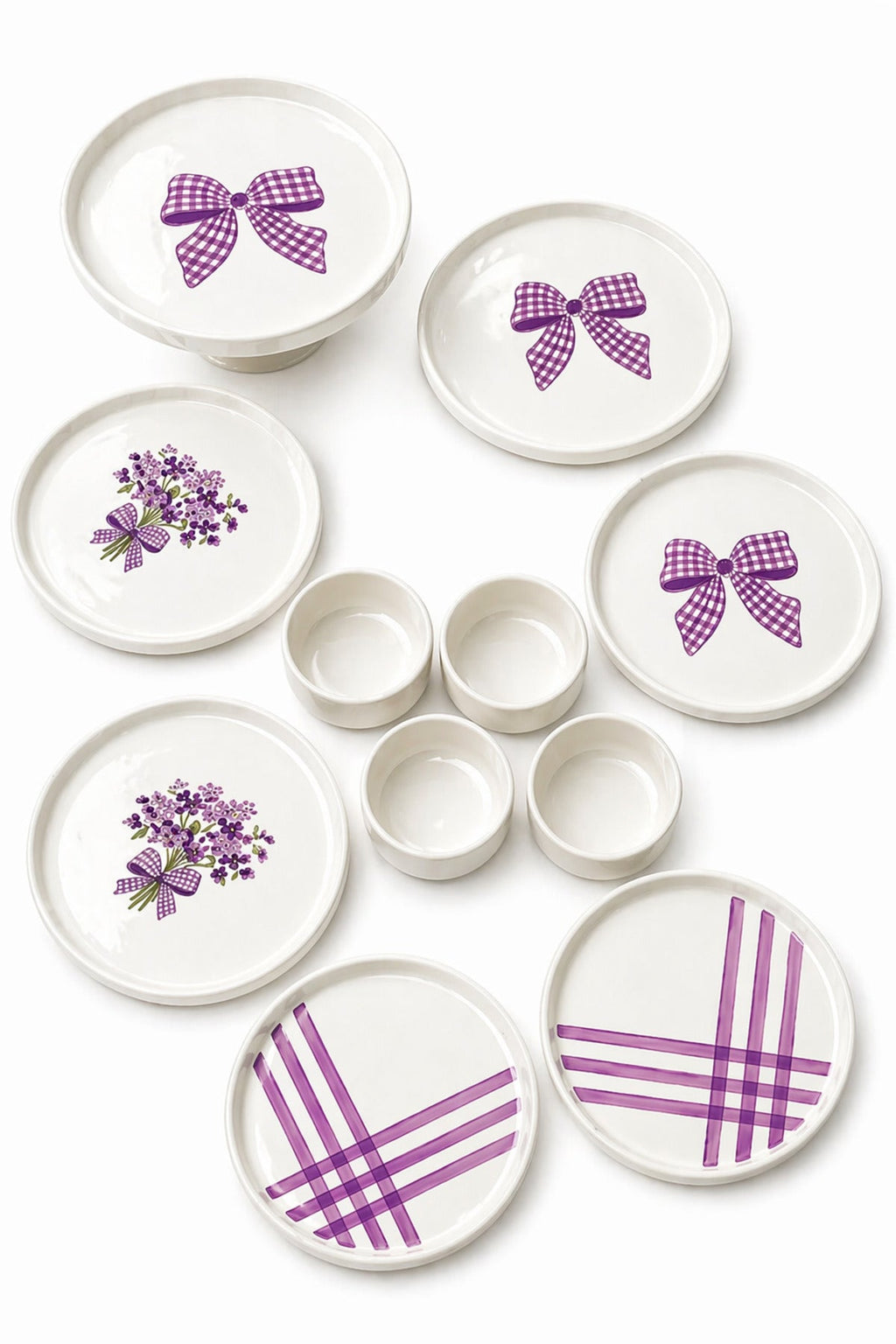 Lilac Bloom 11 Parça 6 Kişilik Handmade Seramik Kahvaltı Takımı & Sunum Seti Lila Desenli Pasta Tabağı Seti - Görsel 4