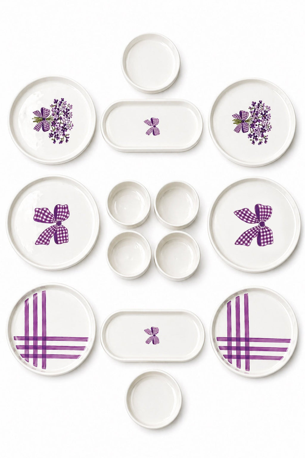 Lilac Bloom 14 Parça 6 Kişilik Handmade Stackable Seramik Tabak Seti Premium Sunum & Kahvaltı Takımı- Lüks Mor Fiyonklu…