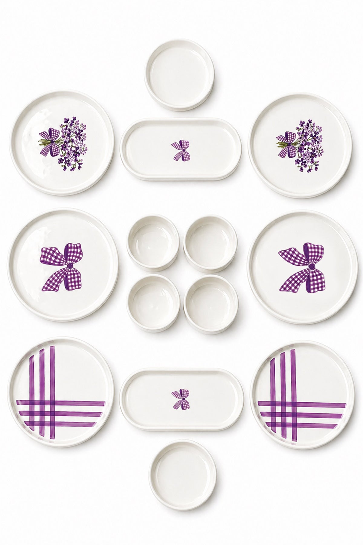 Lilac Bloom 14 Parça 6 Kişilik Handmade Stackable Seramik Tabak Seti Premium Sunum & Kahvaltı Takımı- Lüks Mor Fiyonklu…