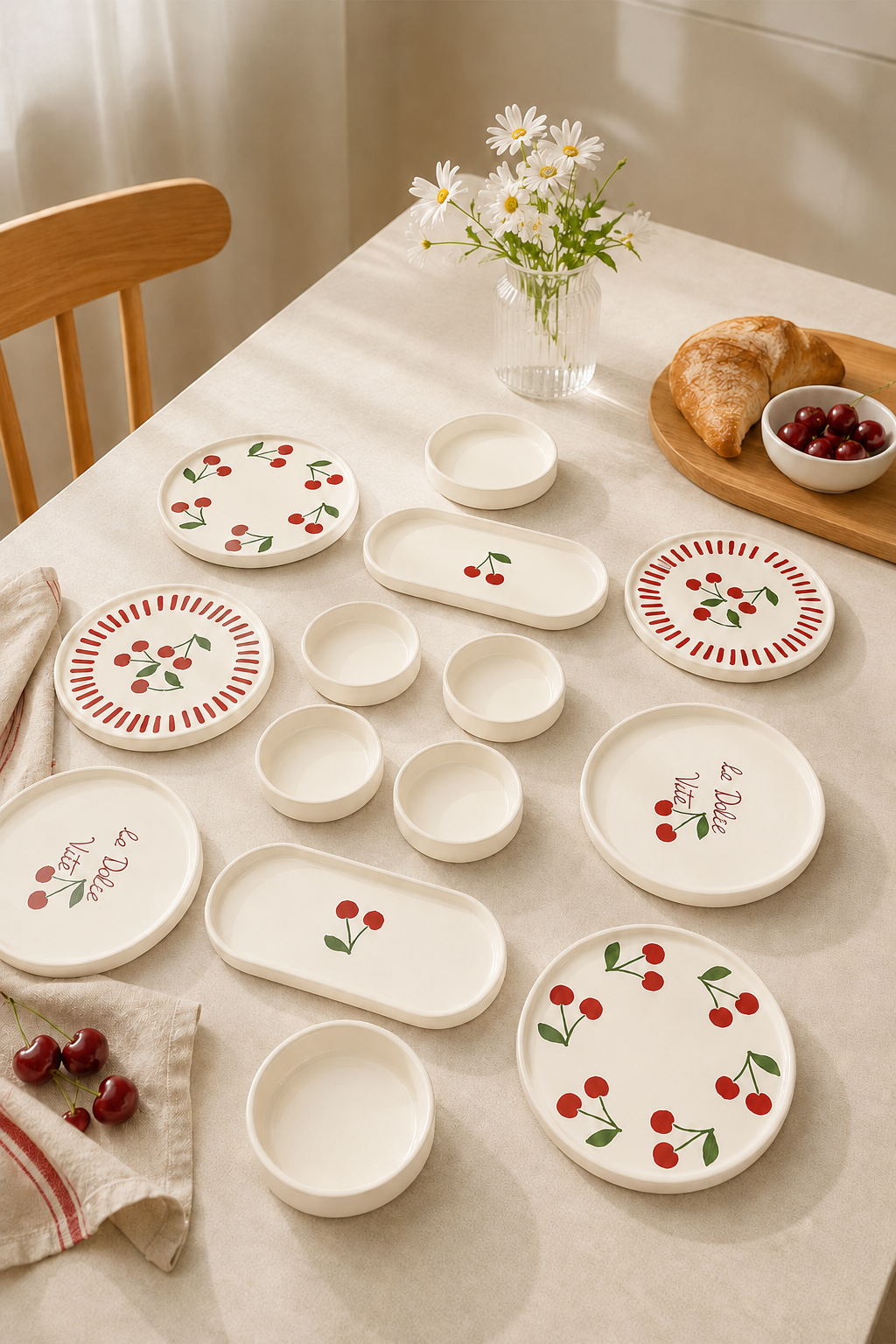 Rosella Cherry 14 Parça 6 Kişilik Handmade Stackable Kahvaltı Takımı - Lüx Kahvaltılık Sunum Seti Tabağı - Sofralya
