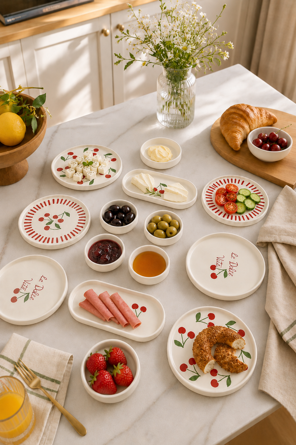 Rosella Cherry 14 Parça 6 Kişilik Handmade Stackable Kahvaltı Takımı - Lüx Kahvaltılık Sunum Seti Tabağı - Görsel 2