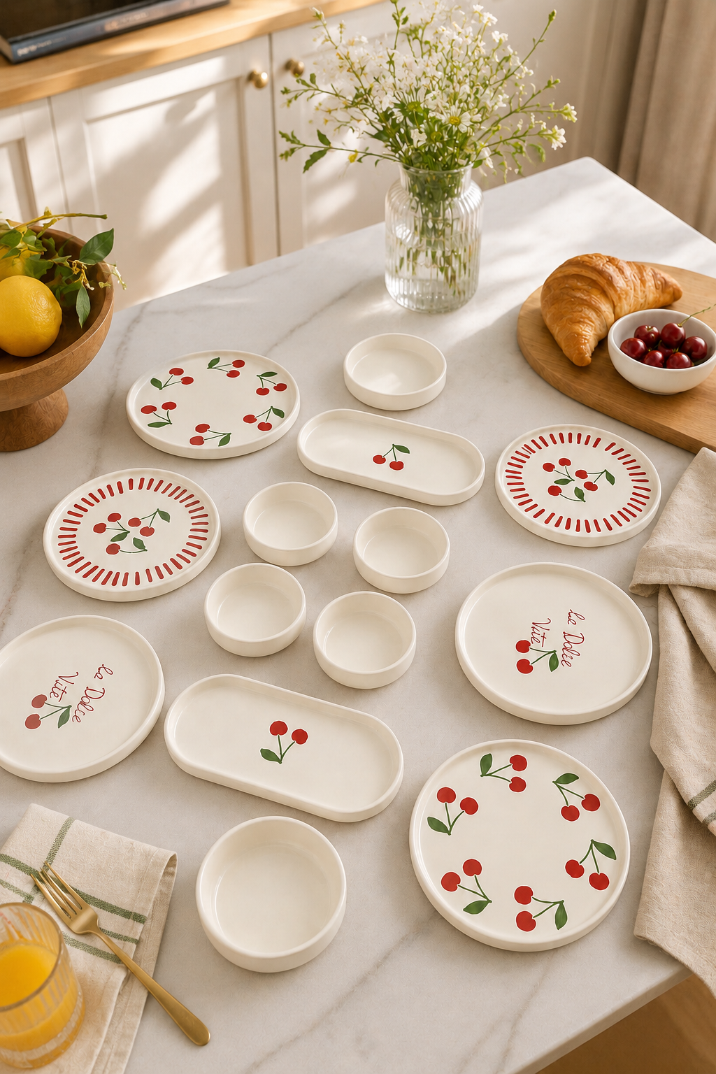 Rosella Cherry 14 Parça 6 Kişilik Handmade Stackable Kahvaltı Takımı - Lüx Kahvaltılık Sunum Seti Tabağı - Görsel 3