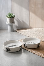 2’li Seramik Kedi Köpek Mama ve Su Kabı 13 cm 300 ml Pati Ve Kılçık Desenli - Sofralya