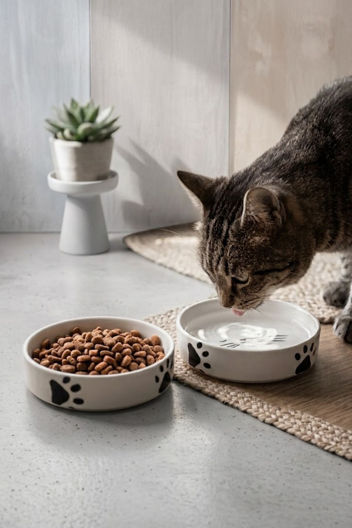 2’li Seramik Kedi Köpek Mama ve Su Kabı 13 cm 300 ml Pati Ve Kılçık Desenli - Görsel 2