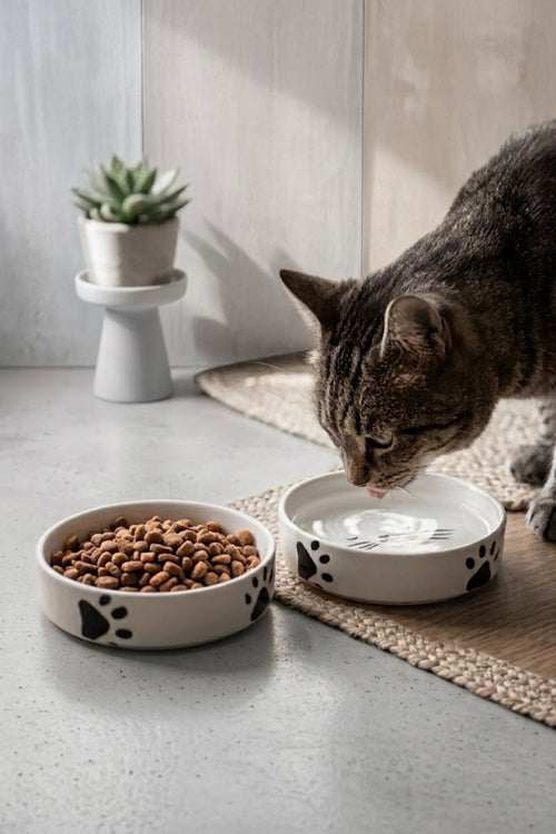 2’li Seramik Kedi Köpek Mama ve Su Kabı 13 cm 300 ml Pati Ve Kılçık Desenli - Görsel 2