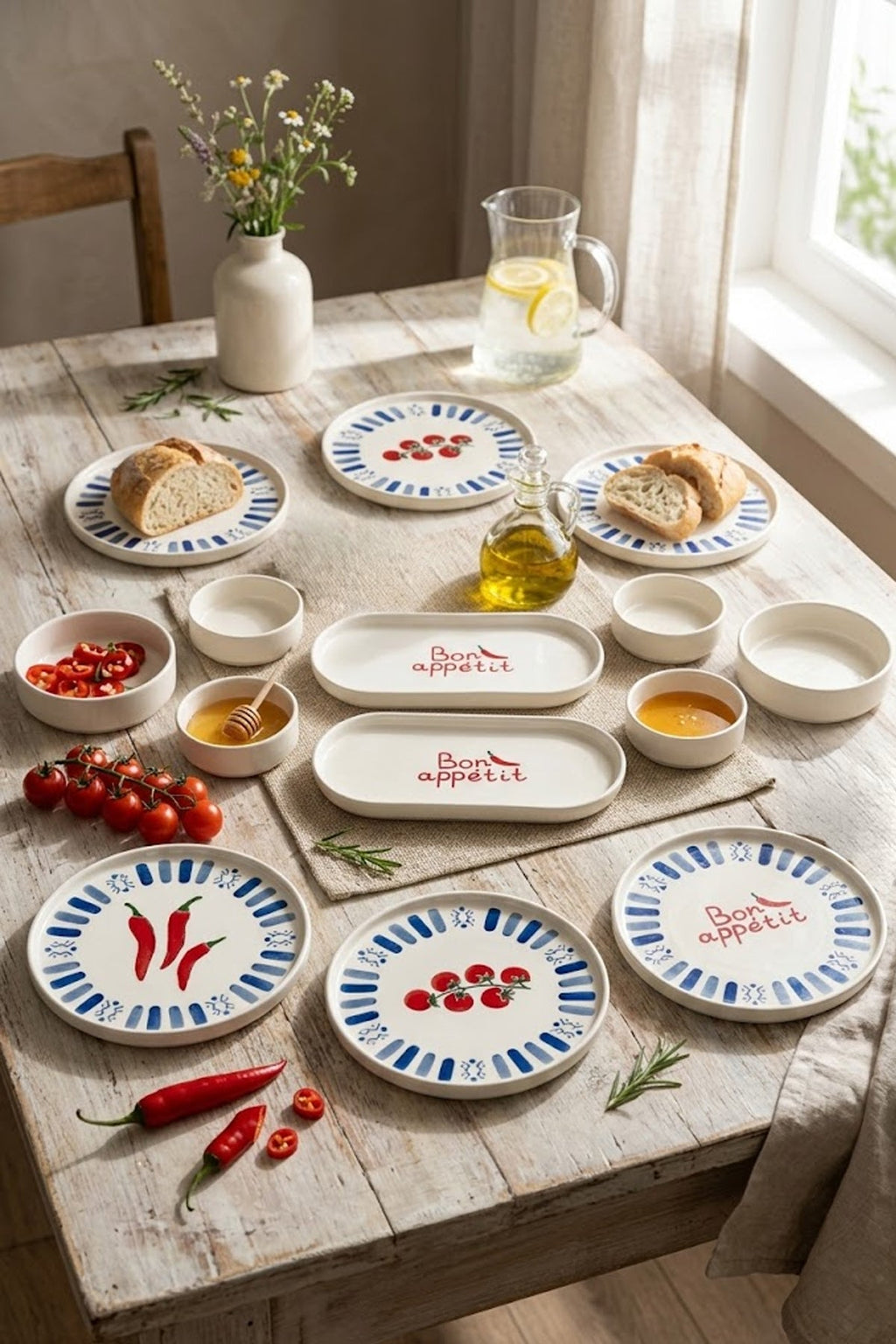 Azure Bon Appetit 14 Parça 6 Kişilik Handmade Stackable Seramik Kahvaltı Takımı Lüx Sunum Seti Tabağı - Görsel 2