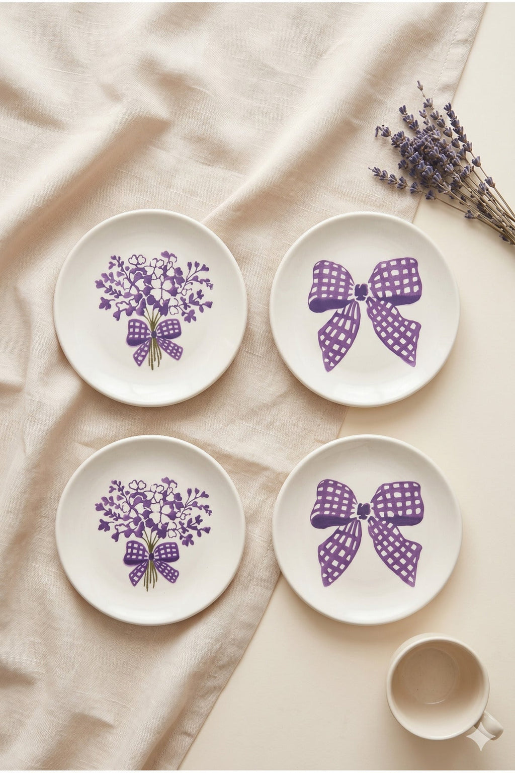Lilac Bloom 4’lü Handmade Seramik Tatlı Tabağı 16 cm Lila Çiçek Desenli Pasta Kahvaltı Sunum Tabak Seti Şık - Sofralya