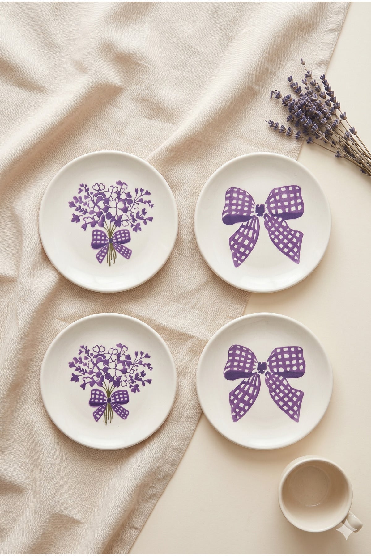 Lilac Bloom 4’lü Handmade Seramik Tatlı Tabağı 16 cm Lila Çiçek Desenli Pasta Kahvaltı Sunum Tabak Seti Şık - Sofralya