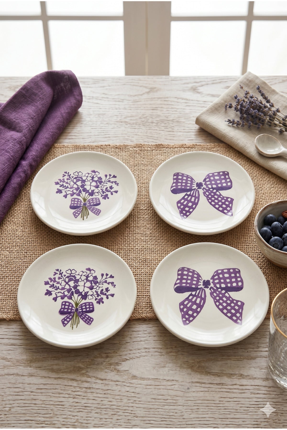 Lilac Bloom 4’lü Handmade Seramik Tatlı Tabağı 16 cm Lila Çiçek Desenli Pasta Kahvaltı Sunum Tabak Seti Şık - Görsel 3