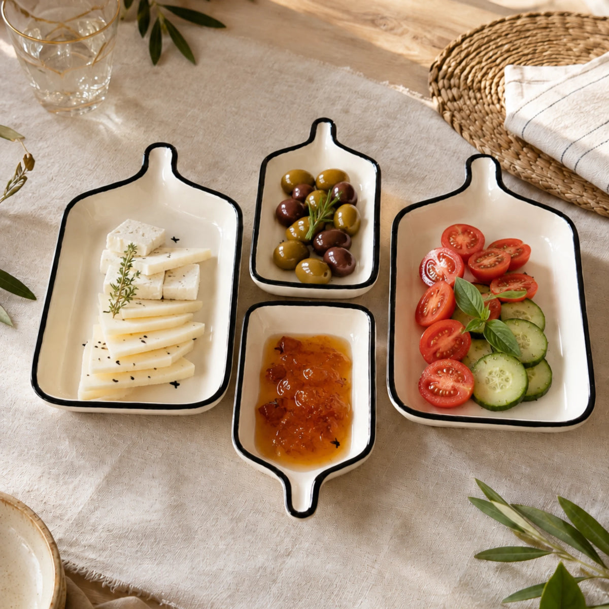 Hayat ağacı desenli 4'lü seramik kahvaltılık set sofra sunumu