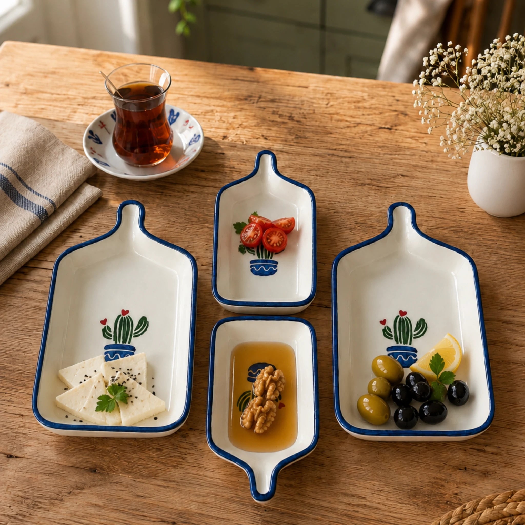 Kaktüs desenli 4'lü seramik kahvaltılık set sofra sunumu