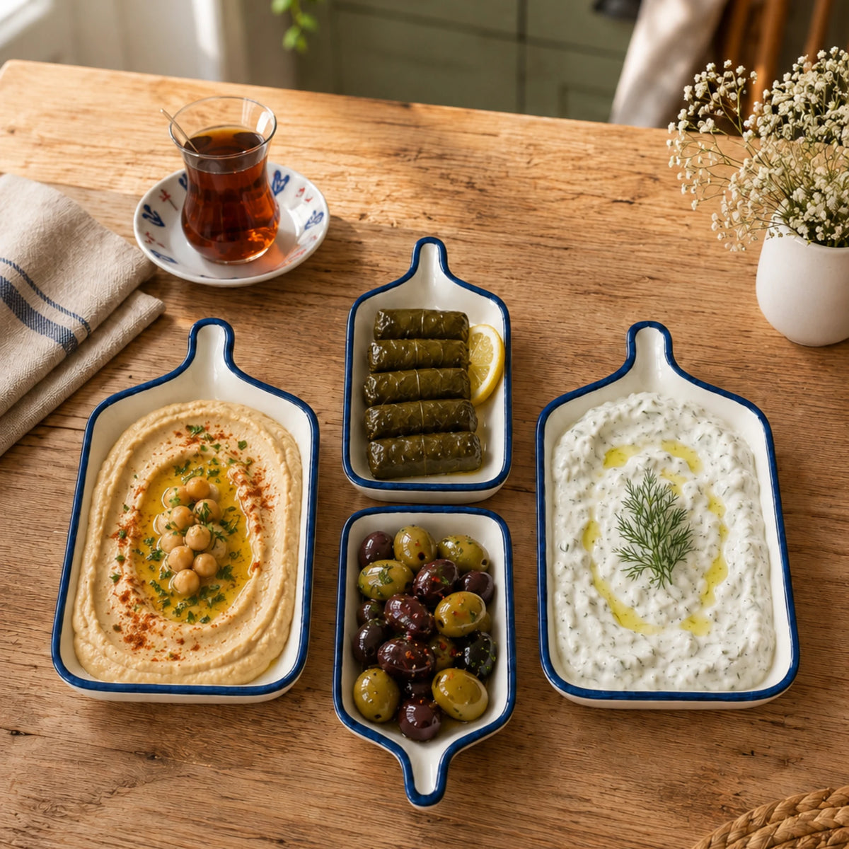 Kaktüs desenli seramik kahvaltılık çerezlik servis seti kullanım görseli