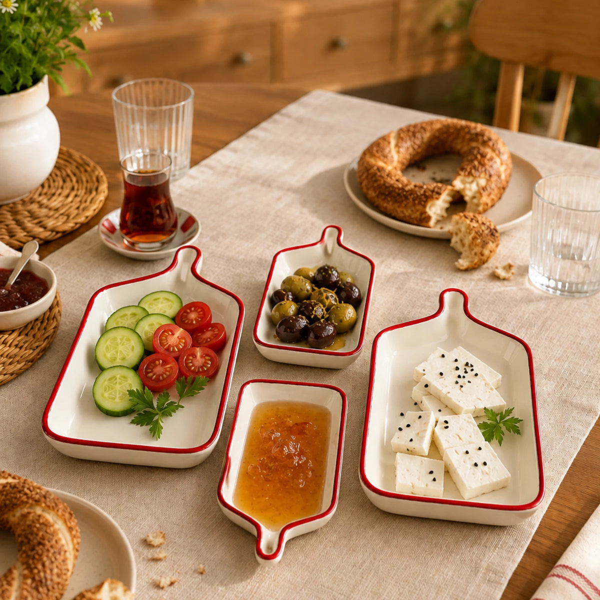 Kiraz desenli 4'lü seramik kahvaltılık set sofra sunumu