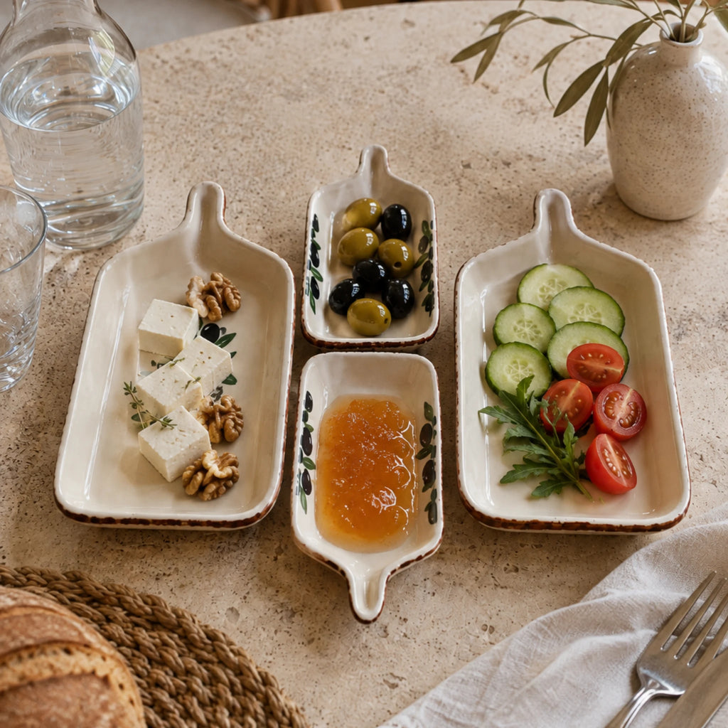 Zeytin desenli 4'lü seramik kahvaltılık set sofra sunumu
