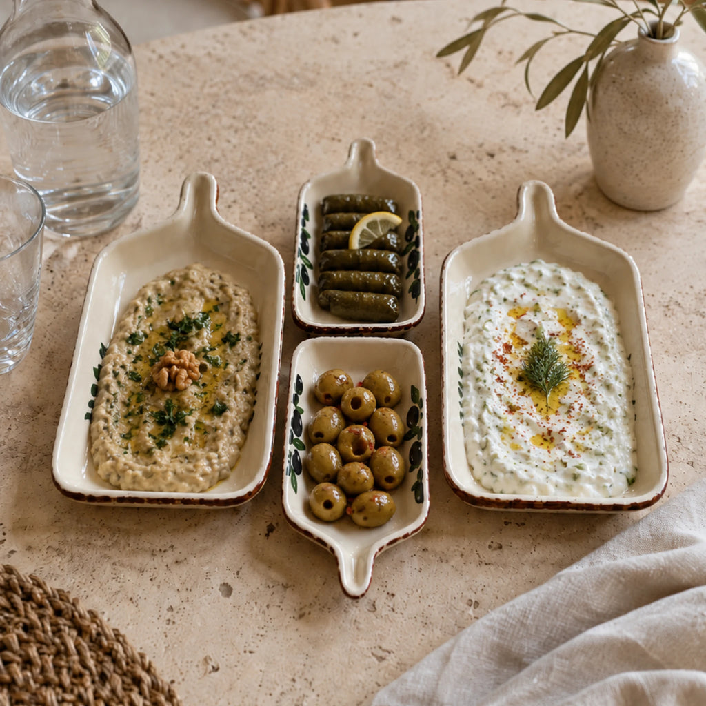Zeytin desenli seramik kahvaltılık çerezlik servis seti kullanım görseli