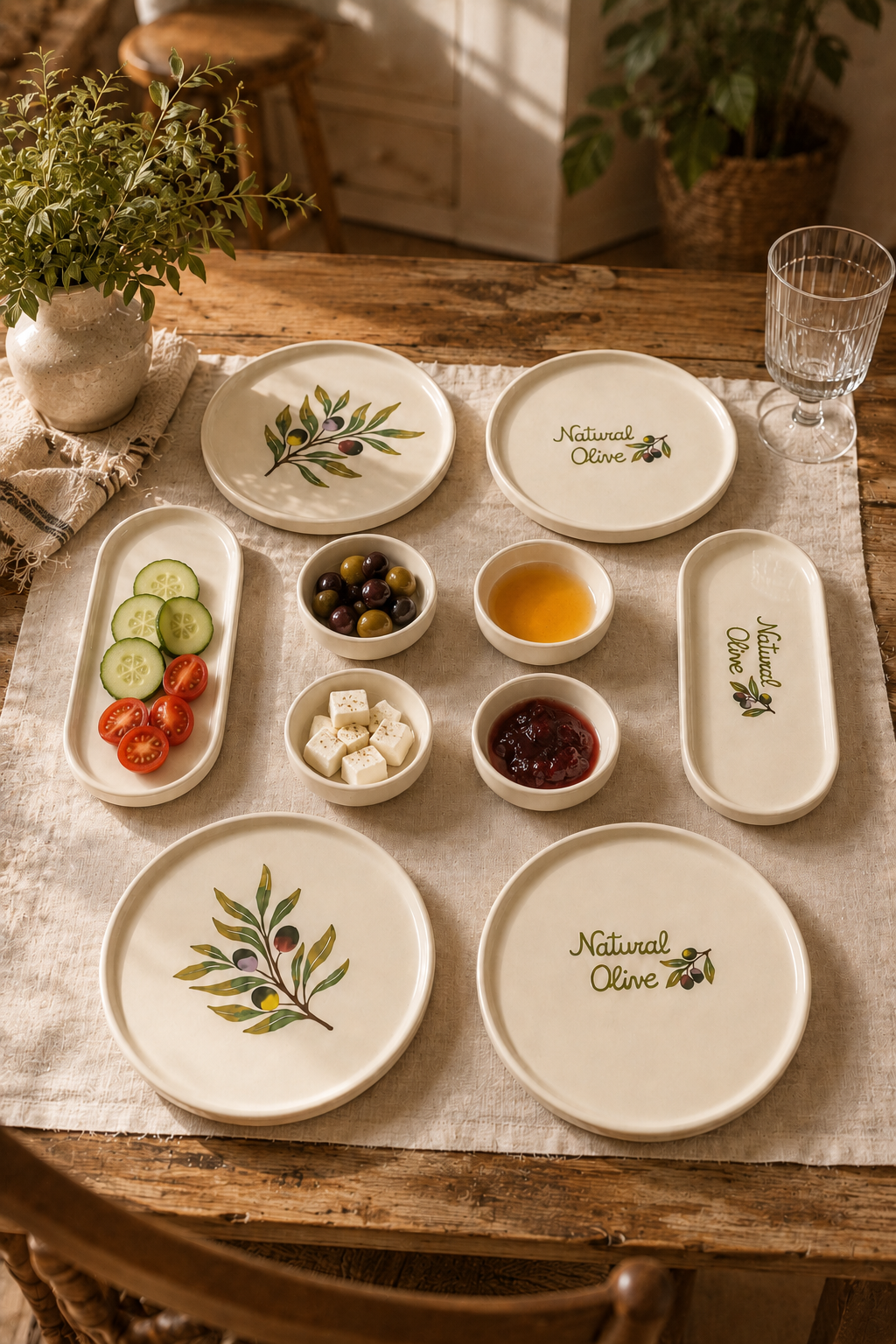 Olea 10 Parça 4 Kişilik Seramik Kahvaltı Takımı Zeytin Desenli Kayık Tabaklı Sunum Seti - Görsel 2