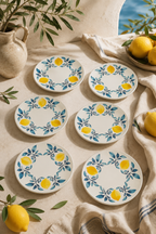 6’lı Handmade Limon Desenli Seramik Tatlı Tabağı 16 cm Akdeniz Temalı Pasta Kahvaltı ve Sunum Tabağı - Sofralya
