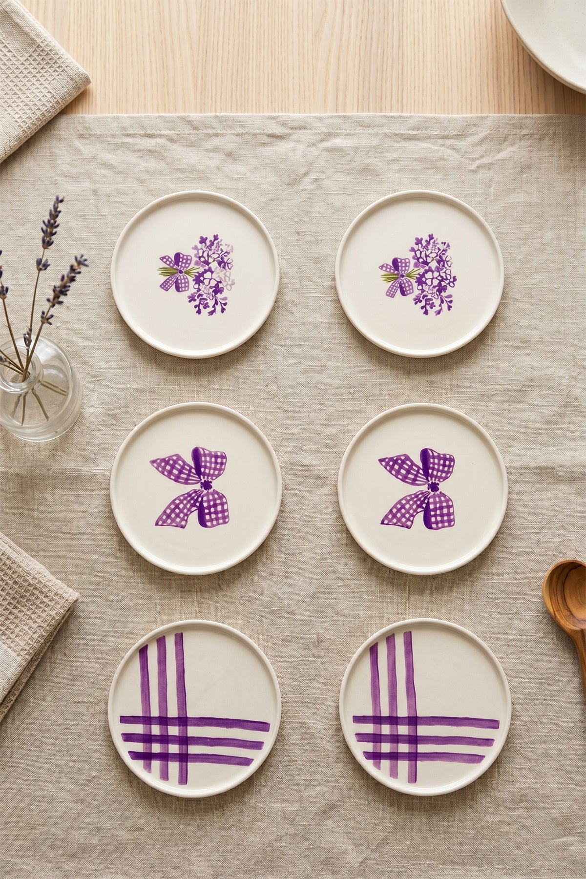 Lilac Bloom 6’lı Handmade Seramik Pasta Tabağı 20 cm Lila Desenli 6 Kişilik Tatlı Sunum Servis Tabak Seti - Sofralya