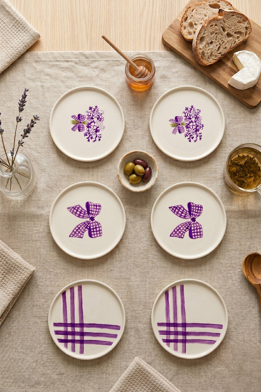 Lilac Bloom 6’lı Handmade Seramik Pasta Tabağı 20 cm Lila Desenli 6 Kişilik Tatlı Sunum Servis Tabak Seti - Görsel 2