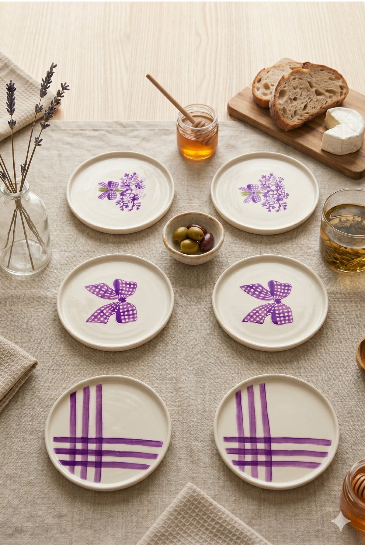Lilac Bloom 6’lı Handmade Seramik Pasta Tabağı 20 cm Lila Desenli 6 Kişilik Tatlı Sunum Servis Tabak Seti - Görsel 3