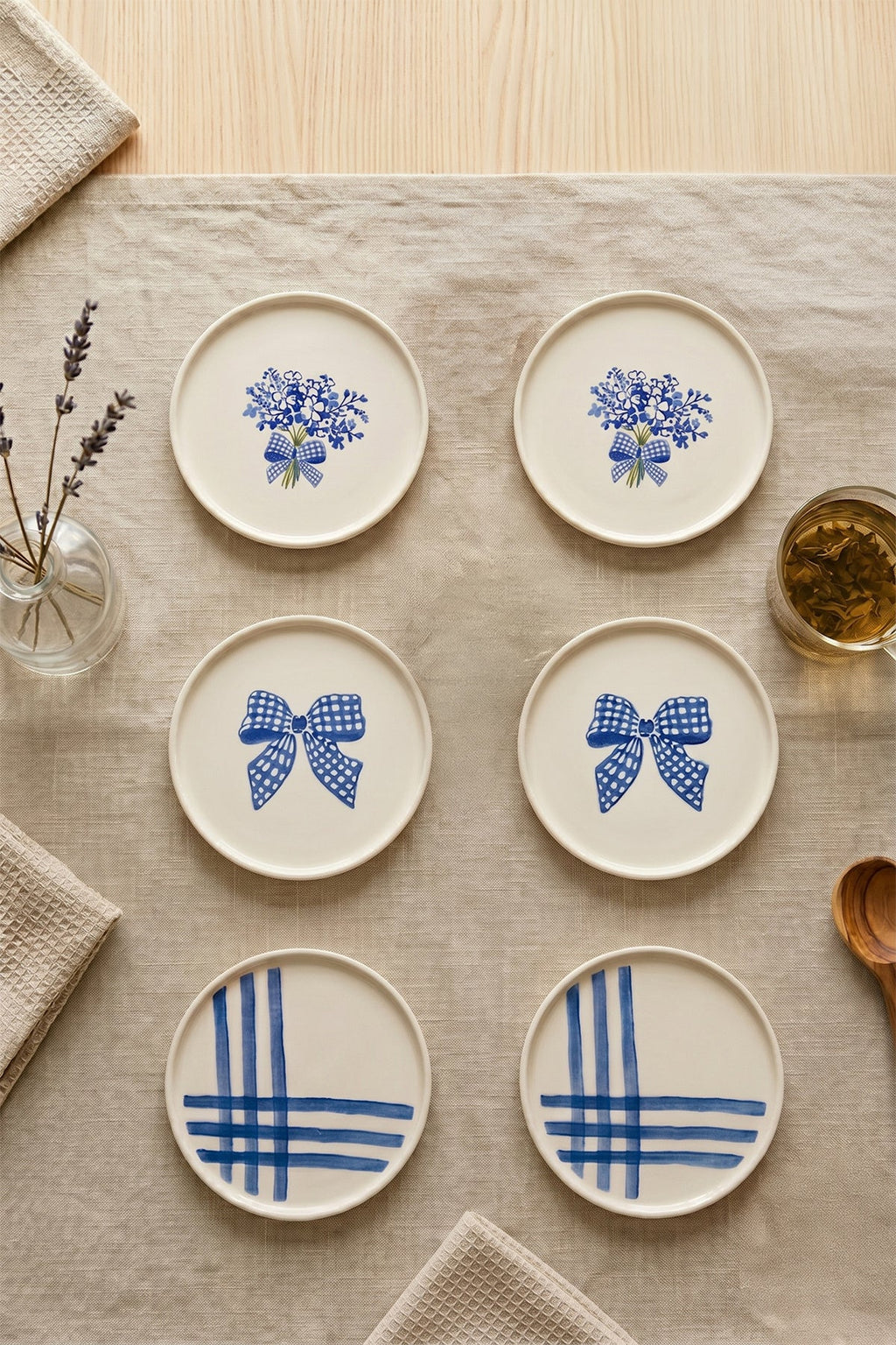 Azure Bloom 6’lı Handmade Seramik Pasta Tabağı 20 cm Mavi Desenli 6 Kişilik Tatlı Sunum Servis Tabak Seti - Sofralya