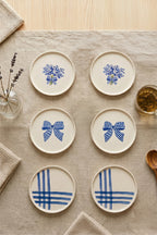 Azure Bloom 6’lı Handmade Seramik Pasta Tabağı 20 cm Mavi Desenli 6 Kişilik Tatlı Sunum Servis Tabak Seti - Sofralya