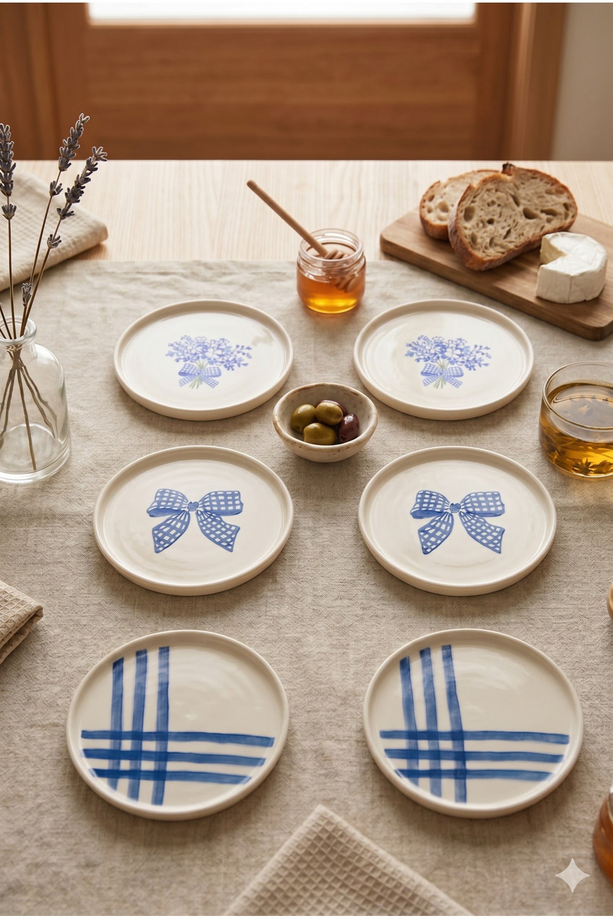Azure Bloom 6’lı Handmade Seramik Pasta Tabağı 20 cm Mavi Desenli 6 Kişilik Tatlı Sunum Servis Tabak Seti - Görsel 2