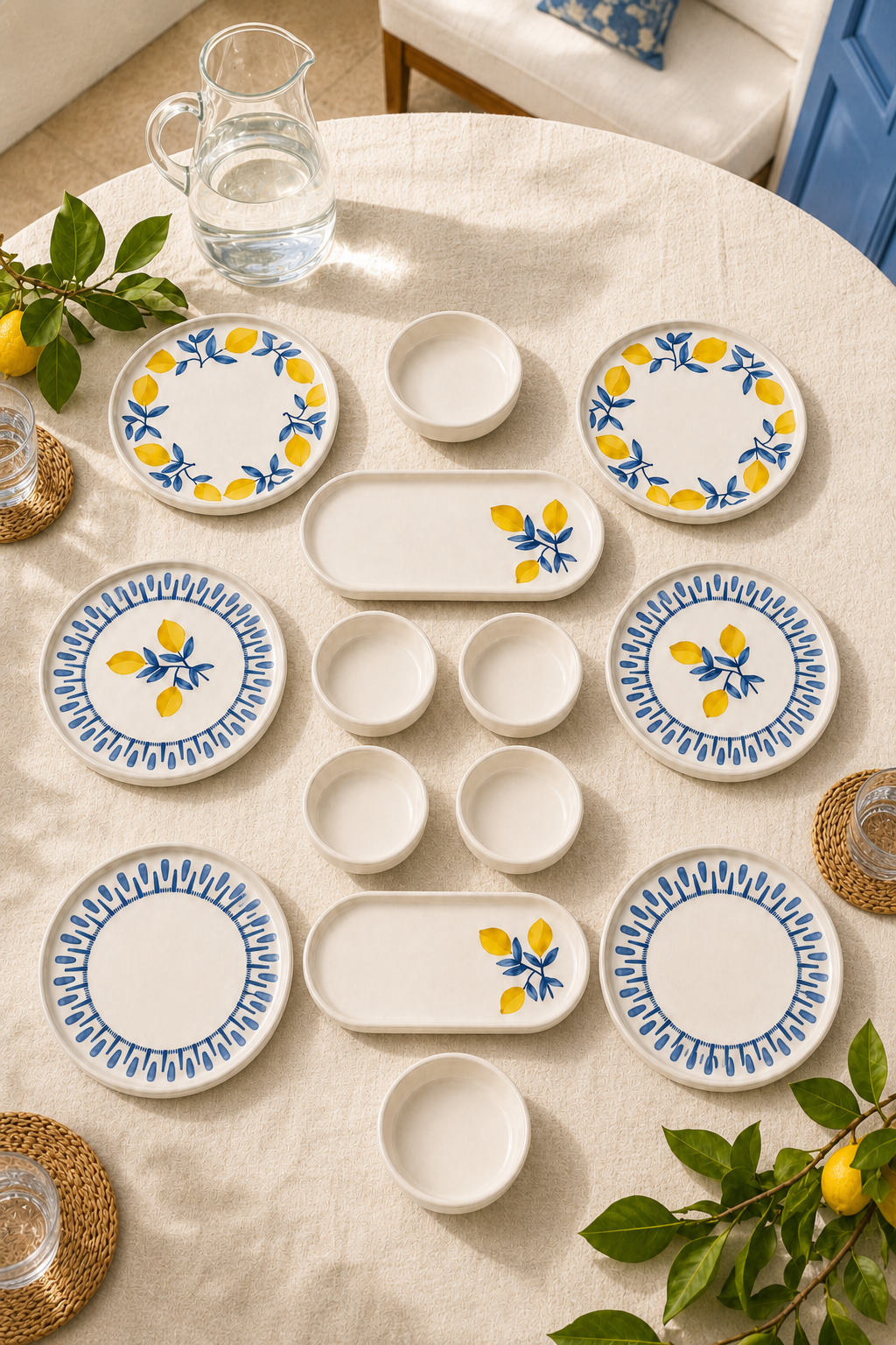 Riviera Blue 14 Parça 6 Kişilik Handmade Stackable Seramik Tabak Seti Premium Sunum & Kahvaltı Takımı - Sofralya