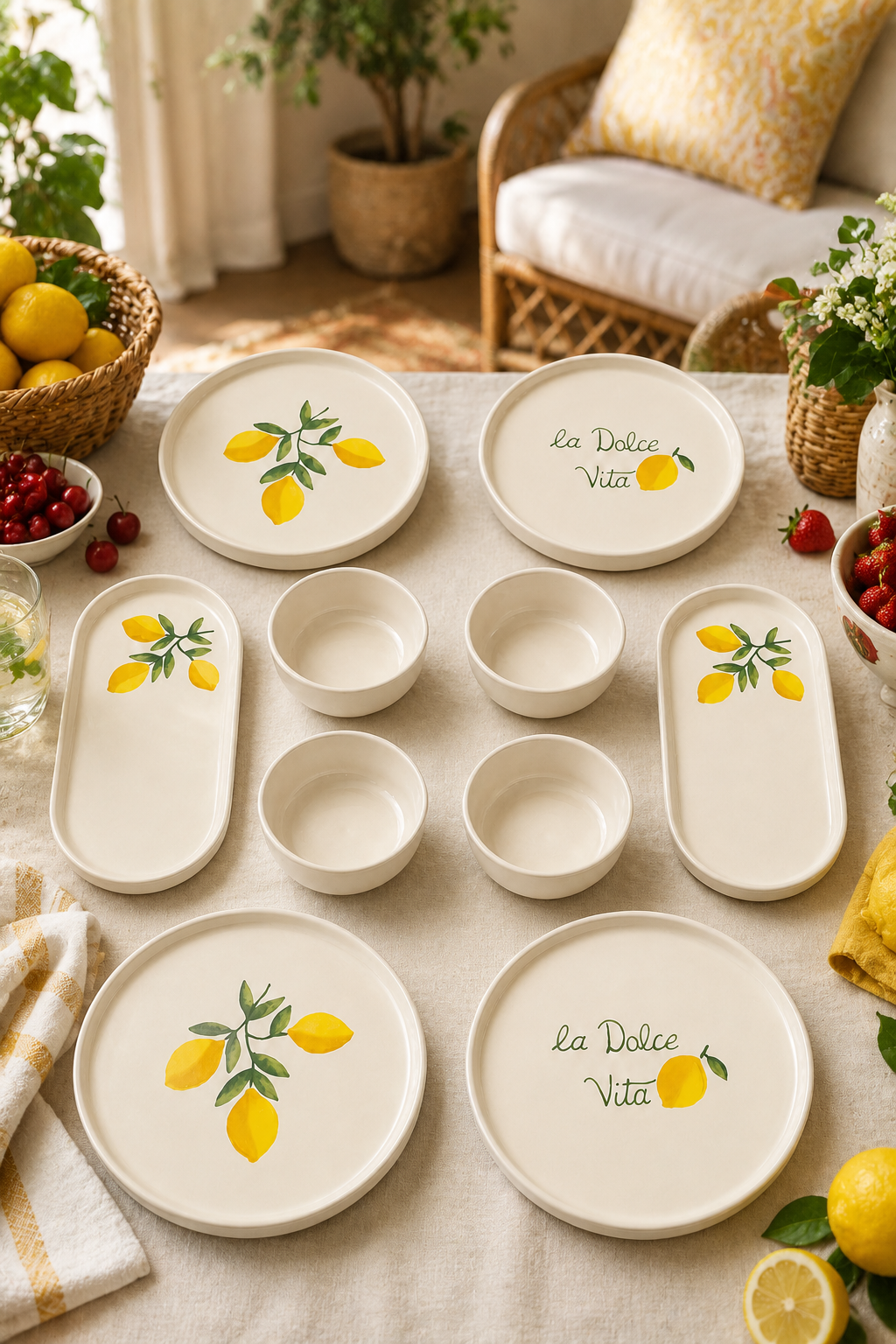 Sorrento 10 Parça 4 Kişilik Stackable Seramik Kahvaltı Takımı Limon Desenli Ayaklı Sunumluklu Sofra Seti - Sofralya
