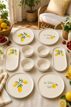Sorrento 10 Parça 4 Kişilik Stackable Seramik Kahvaltı Takımı Limon Desenli Ayaklı Sunumluklu Sofra Seti - Sofralya