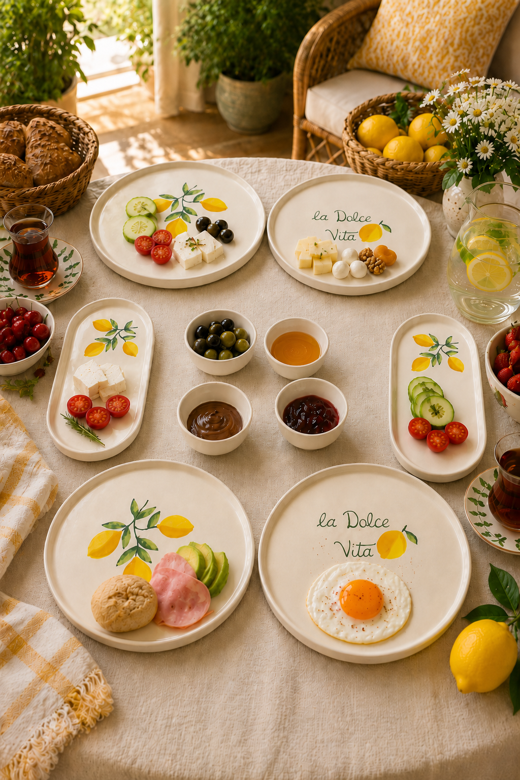 Sorrento 10 Parça 4 Kişilik Stackable Seramik Kahvaltı Takımı Limon Desenli Ayaklı Sunumluklu Sofra Seti - Görsel 2