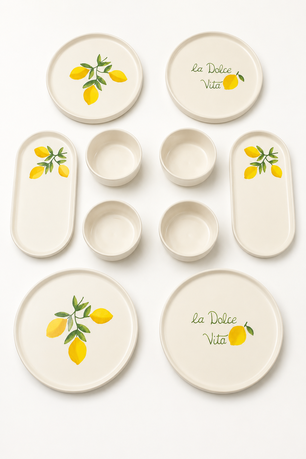 Sorrento 10 Parça 4 Kişilik Stackable Seramik Kahvaltı Takımı Limon Desenli Ayaklı Sunumluklu Sofra Seti - Görsel 3