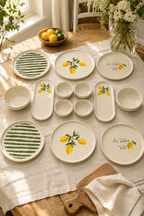 Sorrento 14 Parça 6 Kişilik Seramik Stackable Kahvaltı Takımı Limon Desenli Ayaklı Sunumluklu Sofra Seti - Sofralya
