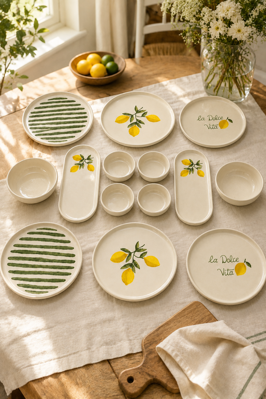 Sorrento 14 Parça 6 Kişilik Seramik Stackable Kahvaltı Takımı Limon Desenli Ayaklı Sunumluklu Sofra Seti - Sofralya