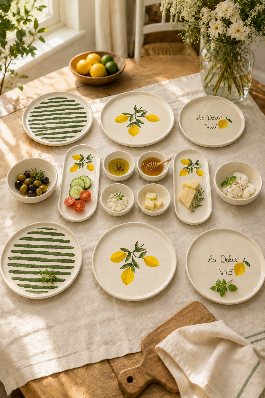 Sorrento 14 Parça 6 Kişilik Seramik Stackable Kahvaltı Takımı Limon Desenli Ayaklı Sunumluklu Sofra Seti - Görsel 2