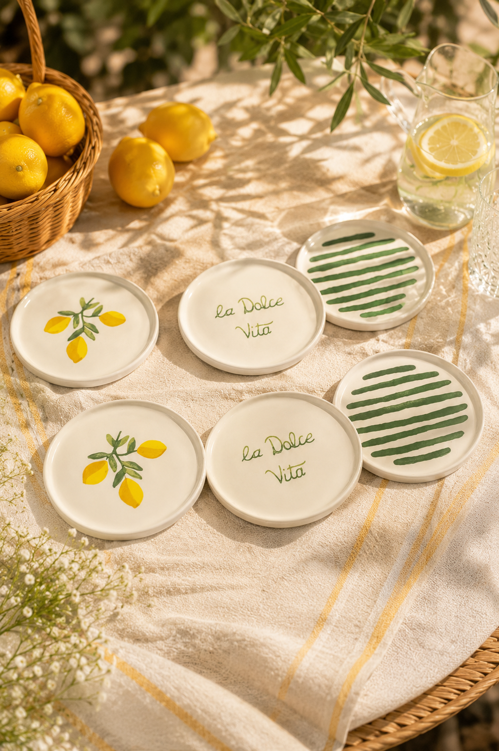 Sorrento 6’lı Seramik Pasta ve Servis Tabağı Seti 20 cm – Limon Desenli Akdeniz Sofra Takımı - Sofralya