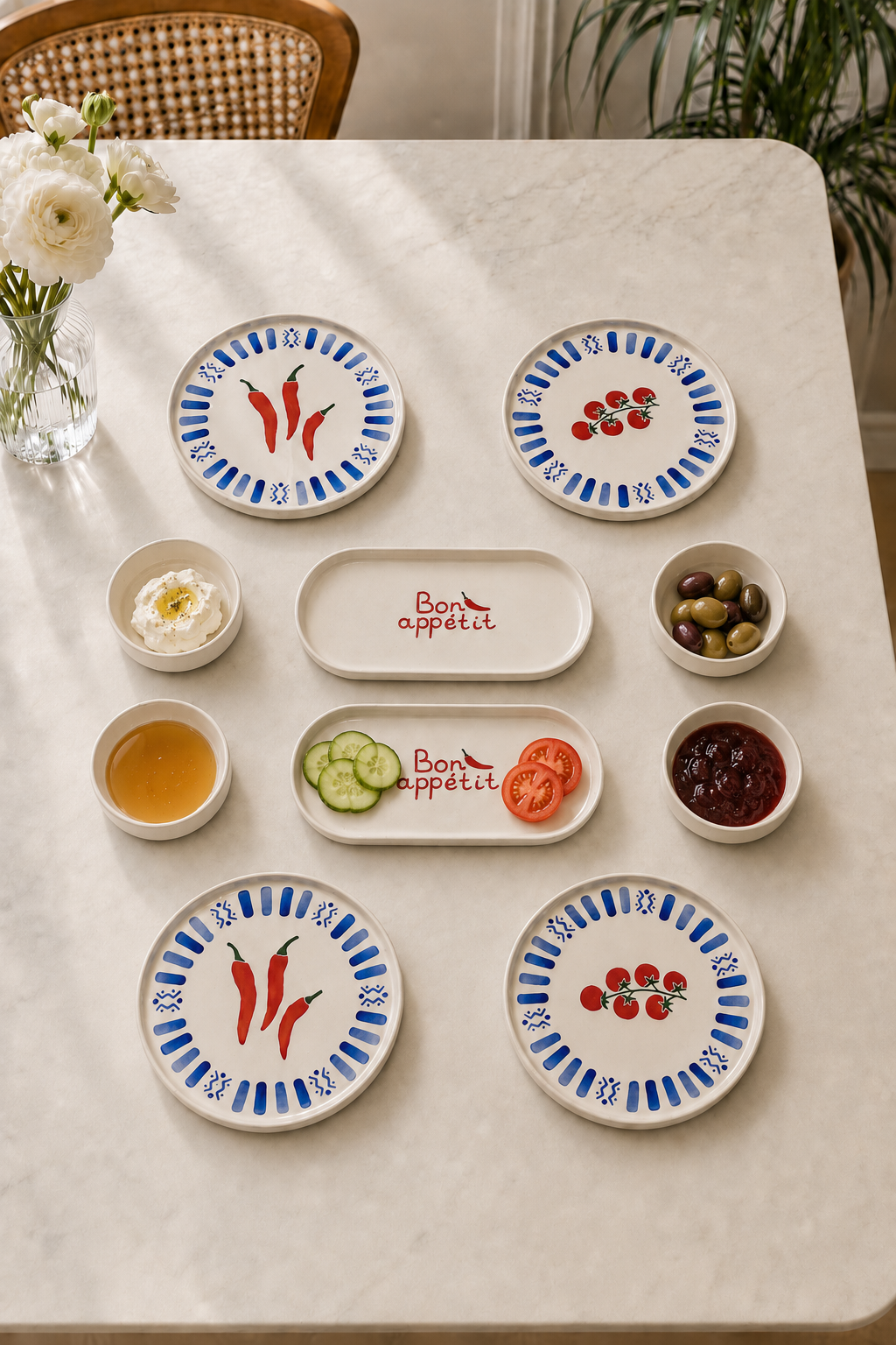 Azure Bon Appetit 10 Parça 4 Kişilik Handmade Stackable Seramik Kahvaltı Takımı Lüx Sunum Seti Tabağı - Görsel 2