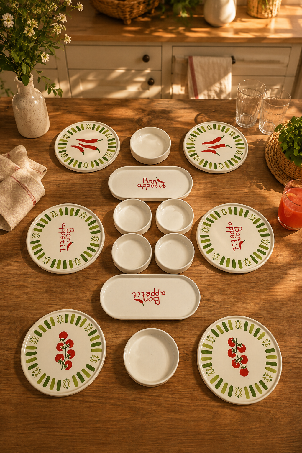 Verde Bon Appetit 14 Parça 6 Kişilik Stackable Seramik Kahvaltı Takımı Lüx Sunum Seti Tabağı - Sofralya