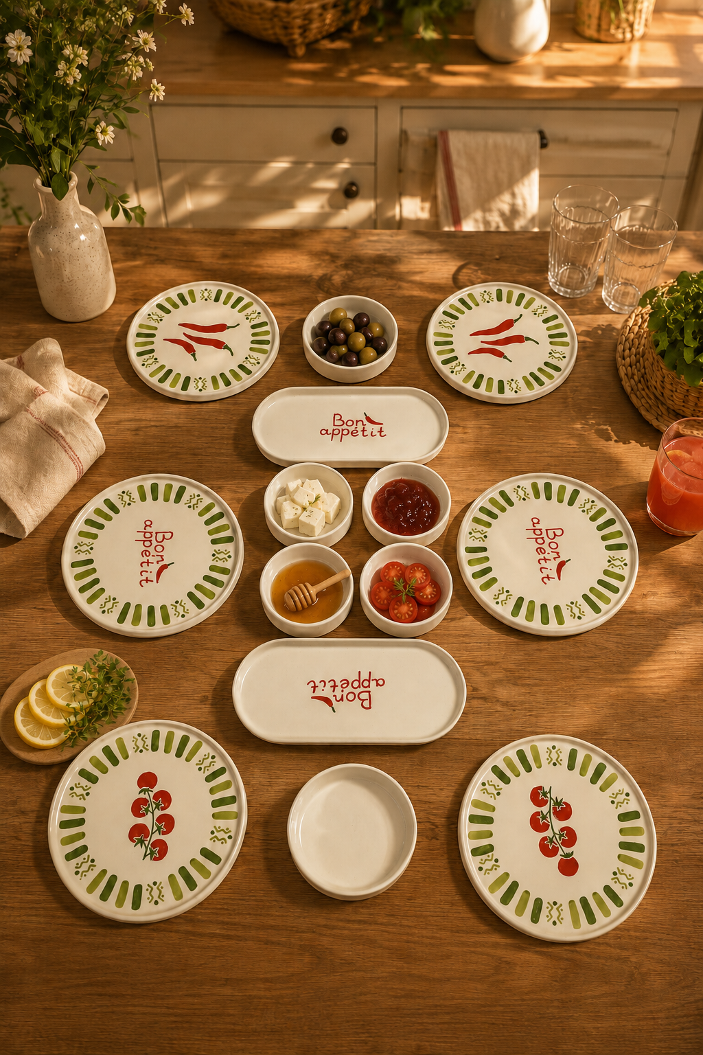 Verde Bon Appetit 14 Parça 6 Kişilik Stackable Seramik Kahvaltı Takımı Lüx Sunum Seti Tabağı - Görsel 2
