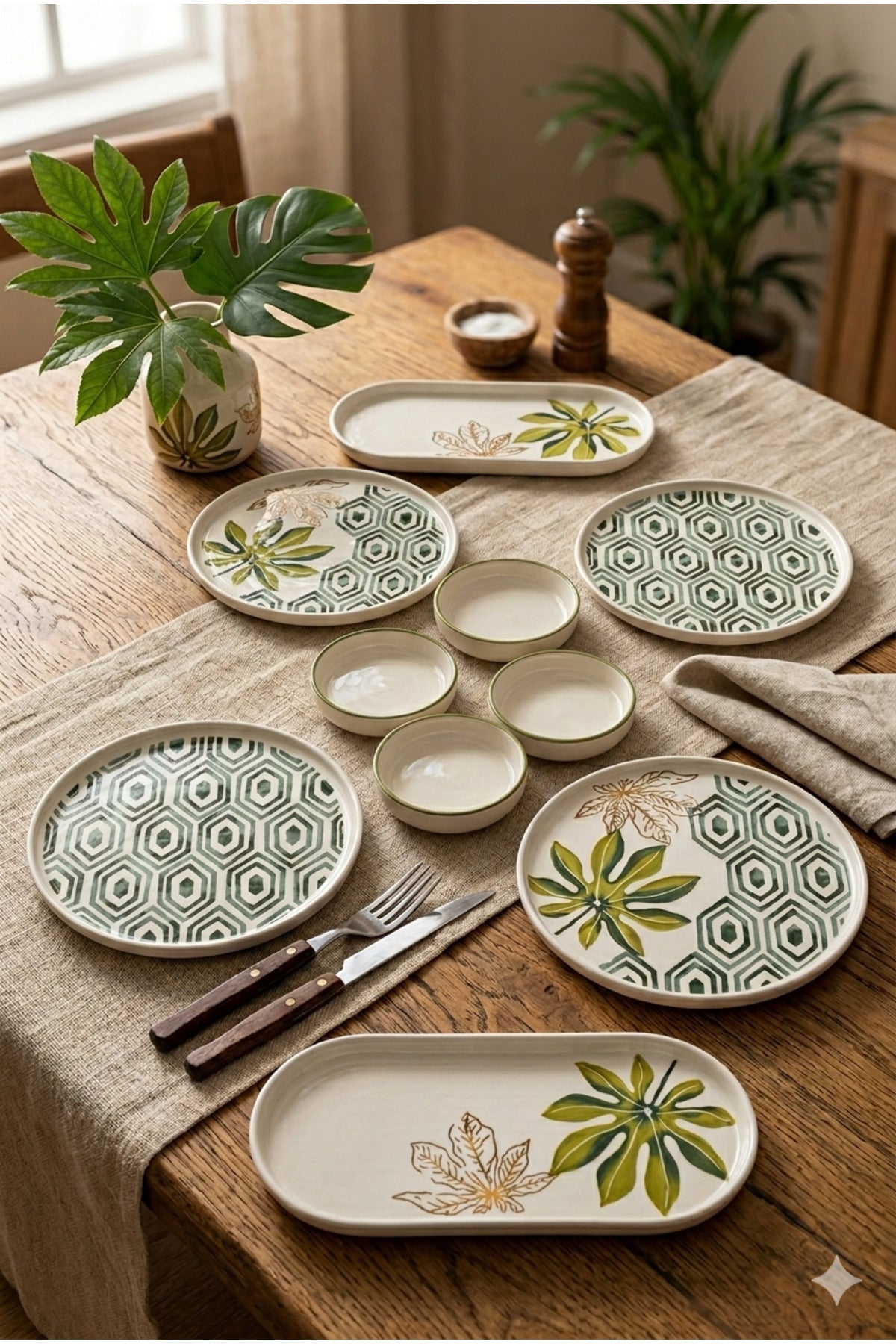 Botanica 4 Kişilik 10 Parça Handmade Stackable Kahvaltılık Takım & Misafir Sunum Seti Çerezlik Tabaklı - Sofralya