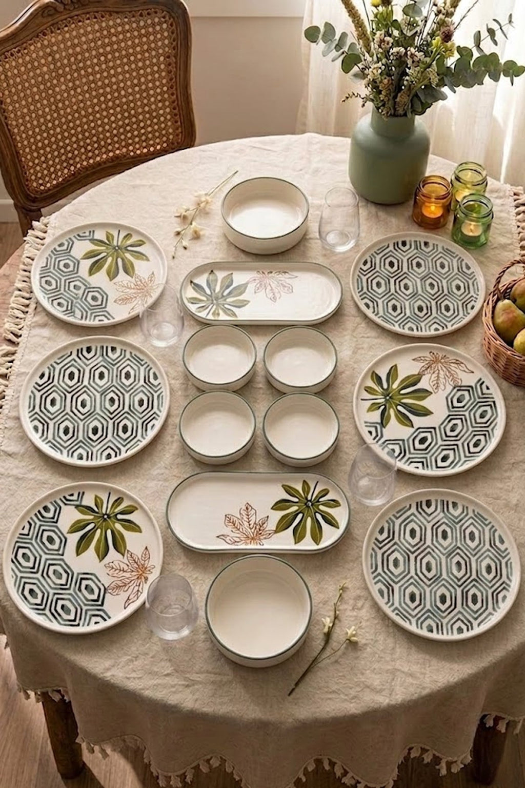 Botanica 6 Kişilik 14 Parça Handmade Seramik Kahvaltı Takımı Modern Kahvaltı Sunum Seti Desenli Tabak - Sofralya
