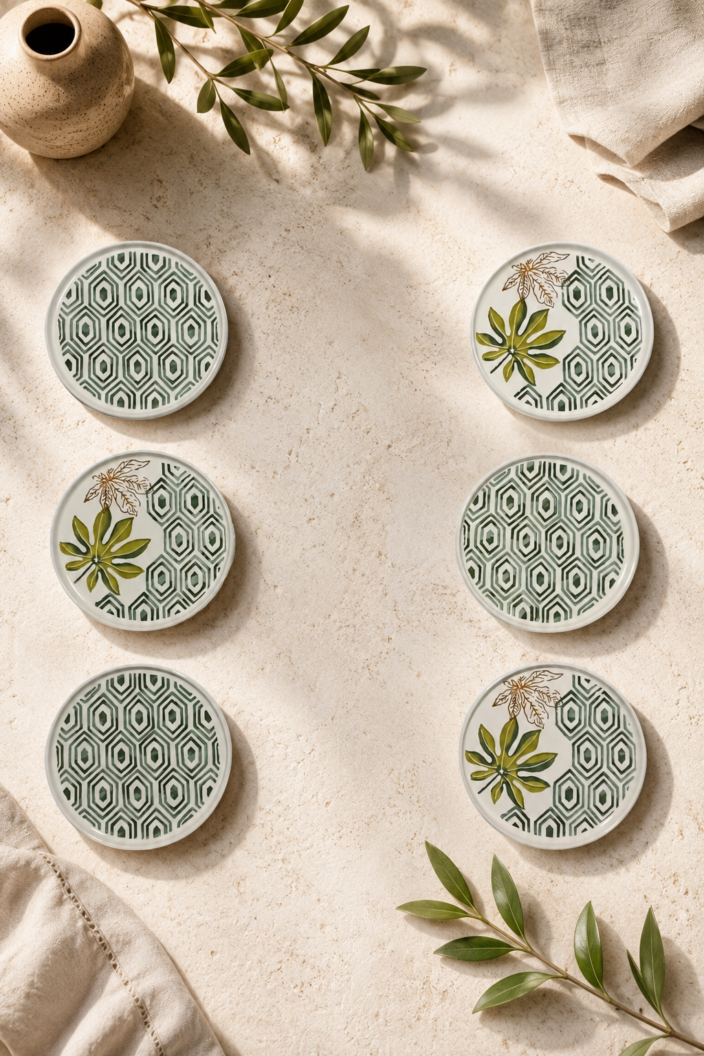 Botanica 6'lı Handmade Seramik Pasta Tabağı Seti Yaprak Desenli Tatlı ve Sunum Tabağı 20 Cm Lüx Kahvaltı Tabağı - Görsel 3