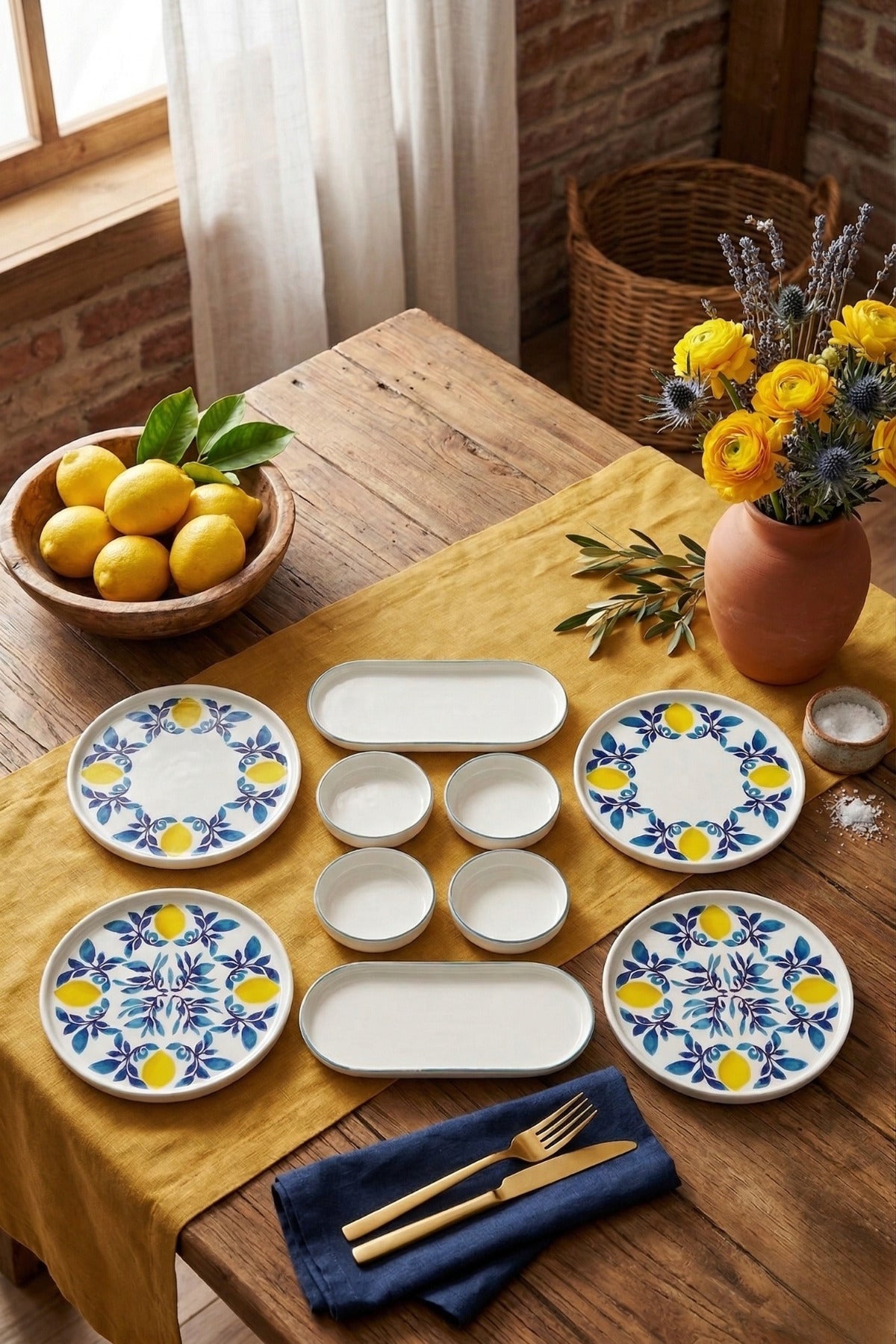Limona 10 Parça 4 Kişilik Handmade Handmade Stackable Seramik Tabak Seti Premium Sunum & Kahvaltı Takımı - Görsel 3