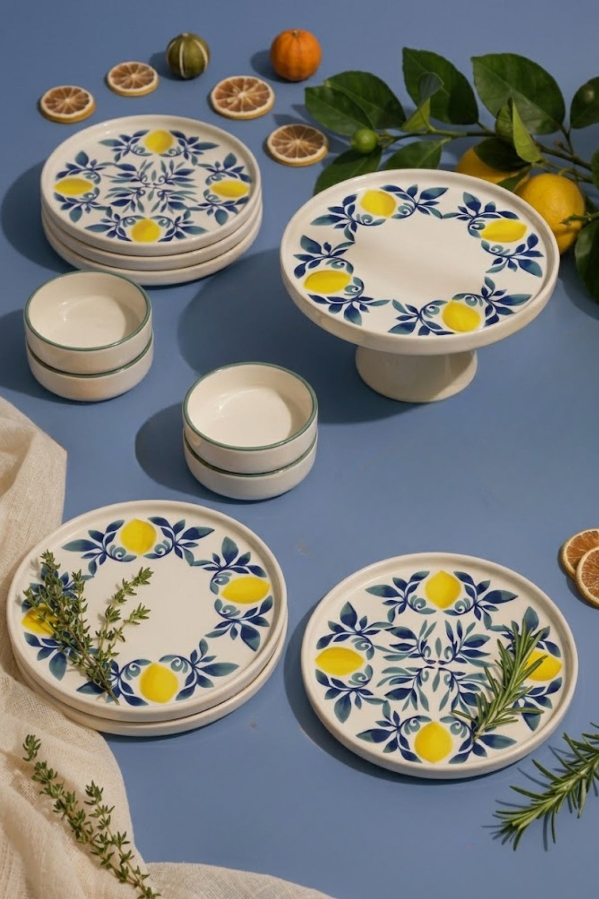 Limona 11 Parça 6 Kişilik Handmade Stackable Ayaklı Sunum Standlı Limon Seramik Tabak Seti & Kahvaltı Takımı - Görsel 2