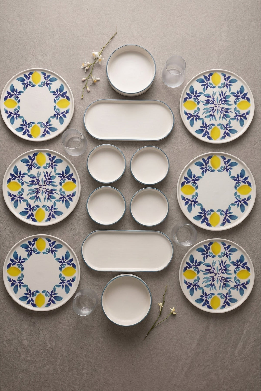 Limona 14 Parça 6 Kişilik Handmade Stackable Seramik Tabak Seti Premium Sunum & Kahvaltı Takımı - Sofralya